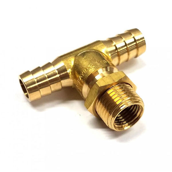 9192B-531TD, BRASS 1/2" TEE BARB X 11/16" MALE NOZZLE THREAD