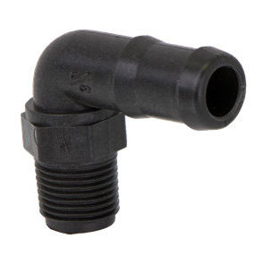 HB050-075-90, 1/2" MPT X 3/4" 90° HOSE BARB ELBOW